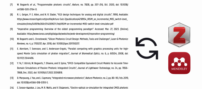 A reference section in a paper with a sync arrow pointing to Zotero and Mendeley logos